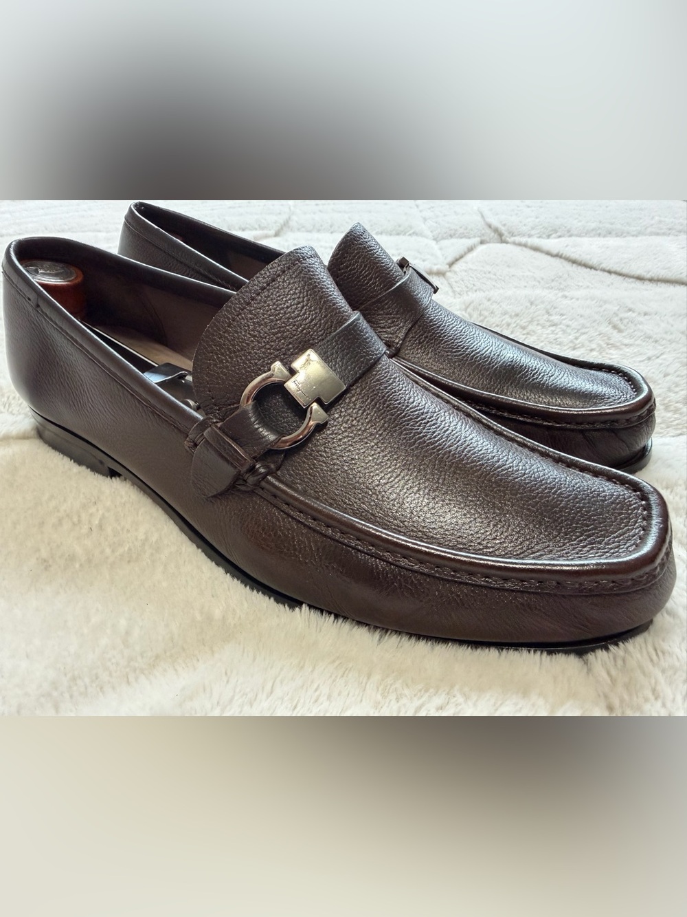 $990 Salvatore Ferragamo Gancini Strap Horse-bit Brown Leather Loafers Shoes 8 9